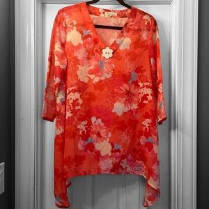 indigo soul Sheer Shark-bite Tunic Floral Blouse